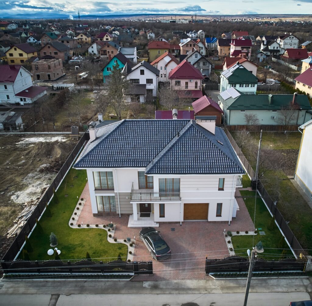 Houses and homes with solar panel system in new neighborhood.